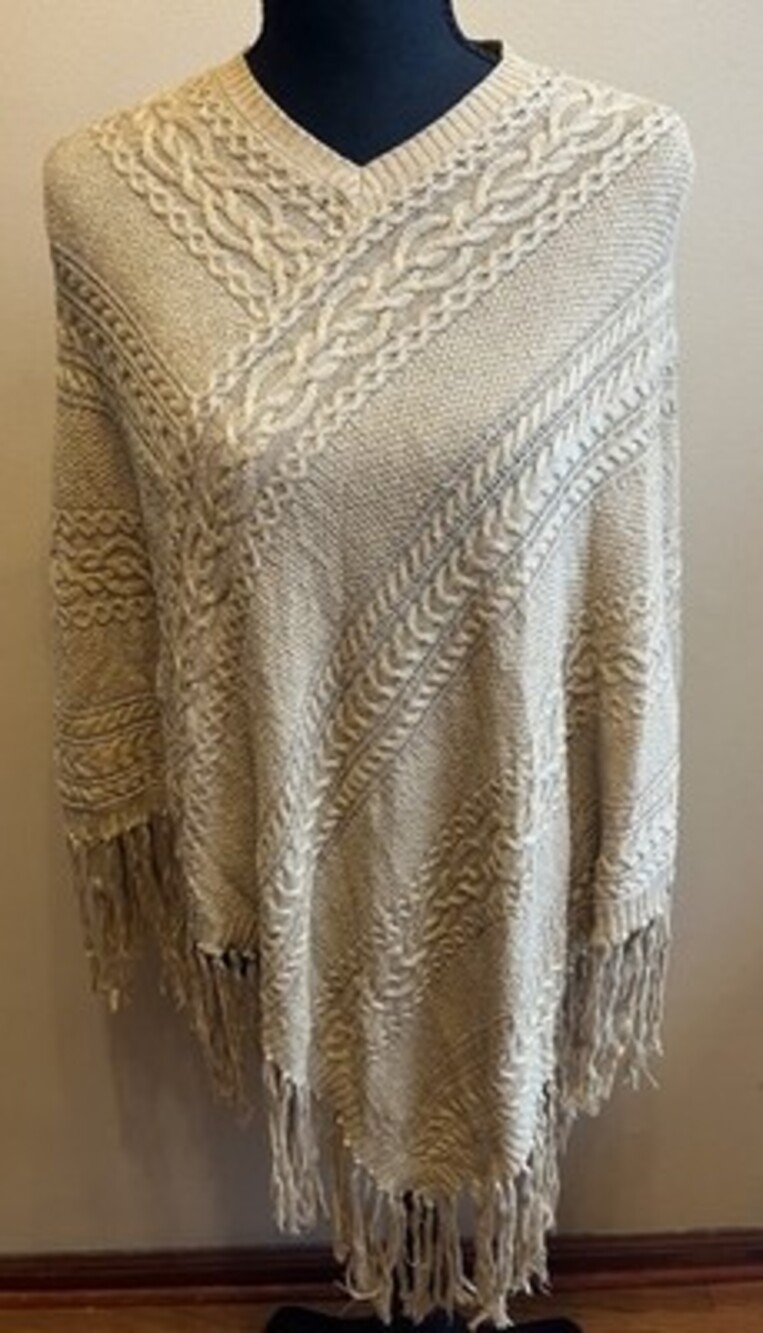 Lauren Ralph Lauren Tan Cable Knit Poncho Sweater Fringe Trim One Size Excellent